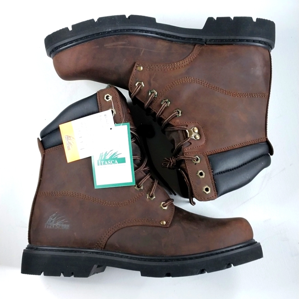 Leather Work Boots Padded Collar Goodyear Construction Brown by ITASCA